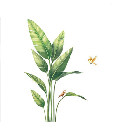 Illustration of tropical leaves with birds on a plain white background