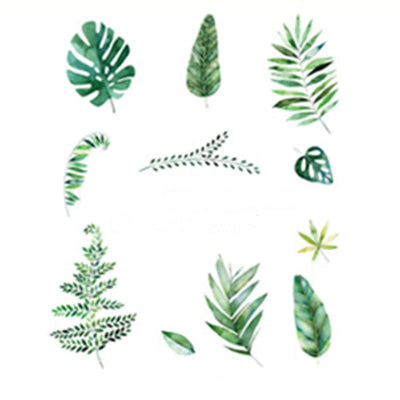 Assorted tropical leaves illustration in various shapes and shades of green.