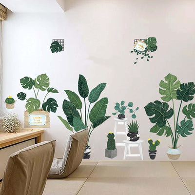 Decorative wall stickers featuring various indoor plants in a modern interior setting.