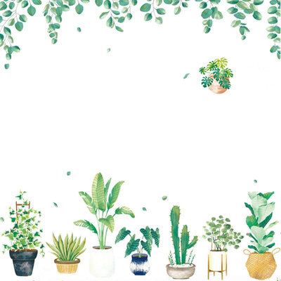 Decorative illustration of various potted plants and hanging leaves.