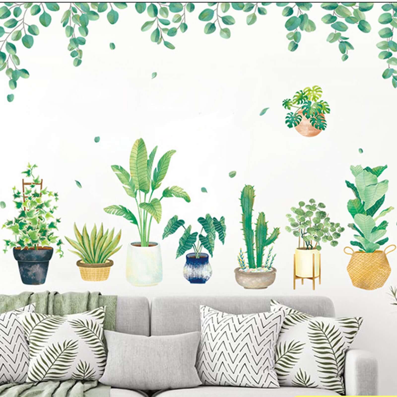 plant pot stickers Green Potted Plants On Shelves Wall Decals, Tropical Art Decor Stickers