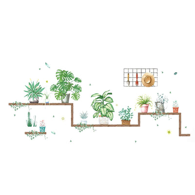 Illustration of plants on shelves with pots and a wall grid
