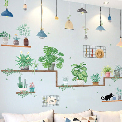 Colorful wall mural with plants and hanging lights in a cozy living space.