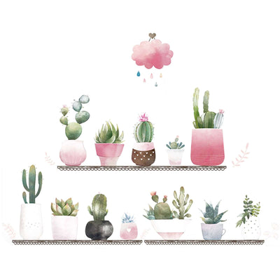 Watercolor illustration of various potted cacti and succulents on shelves.