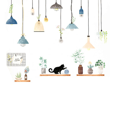 Decorative hanging lamps and plant illustrations with a black cat on shelves.