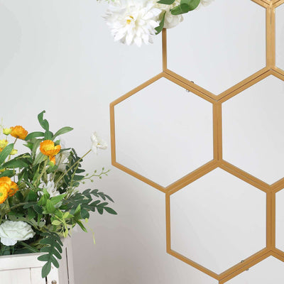 Hexagon-shaped mirror with gold frame and floral accents