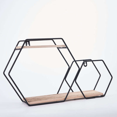 Hexagonal black metal and wood shelf unit