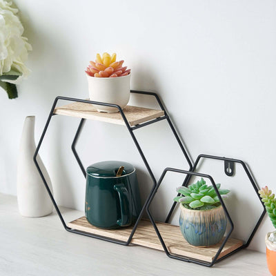 Hexagonal shelf display with potted plants and a green mug.