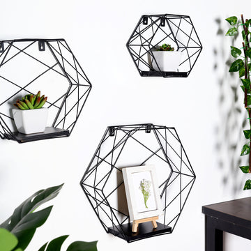 Enhance Your Event Decor with Black Hexagonal Floating Wall Shelves