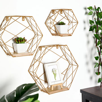 Elevate Your Home Decor with Gold Hexagonal Floating Wall Shelves