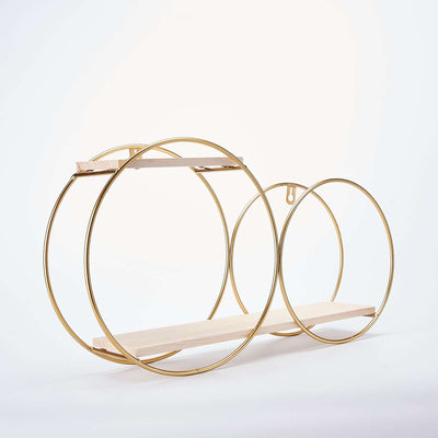 Gold circular shelf with wooden accent, modern design for home decor