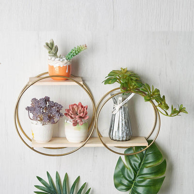 Wall-mounted plant shelf with decorative pots and succulents.