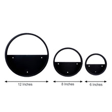 Three black metal round wall planters with clear acrylic panels in sizes 12 inches, 8 inches, and 6 inches