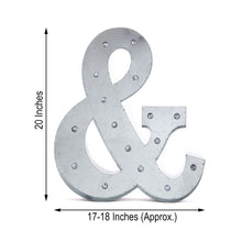 Galvanized Metal Silver Vintage Ampersand with measurements of 20 inches and 17-18 inches for banners, letters and LED indoor lighting