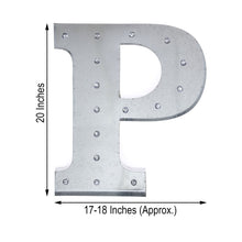 A silver galvanized metal letter p that is 20 inches tall, suitable for indoor lighting