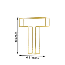 Gold Metal Wire Letter T with measurements of 8 inches and 6.5 inches for letters & table numbers