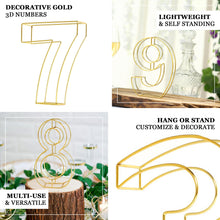 8" Tall - Gold Wedding Table Numbers - Freestanding 3D Decorative Metal Wire Numbers - 9