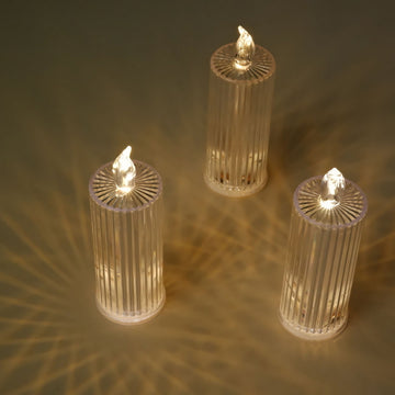 3 Pack | 6" Warm White Clear LED Diamond Battery Operated Candle Lamps, Acrylic Flameless Pillar Candle Light