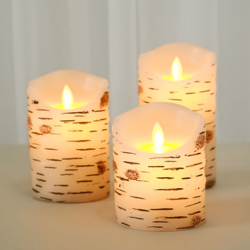 Set of 3 | Warm White Flameless Flicker LED Fireplace Pillar Candles, Burnt Birch Bark Design Battery Operated Candles With Remote Control