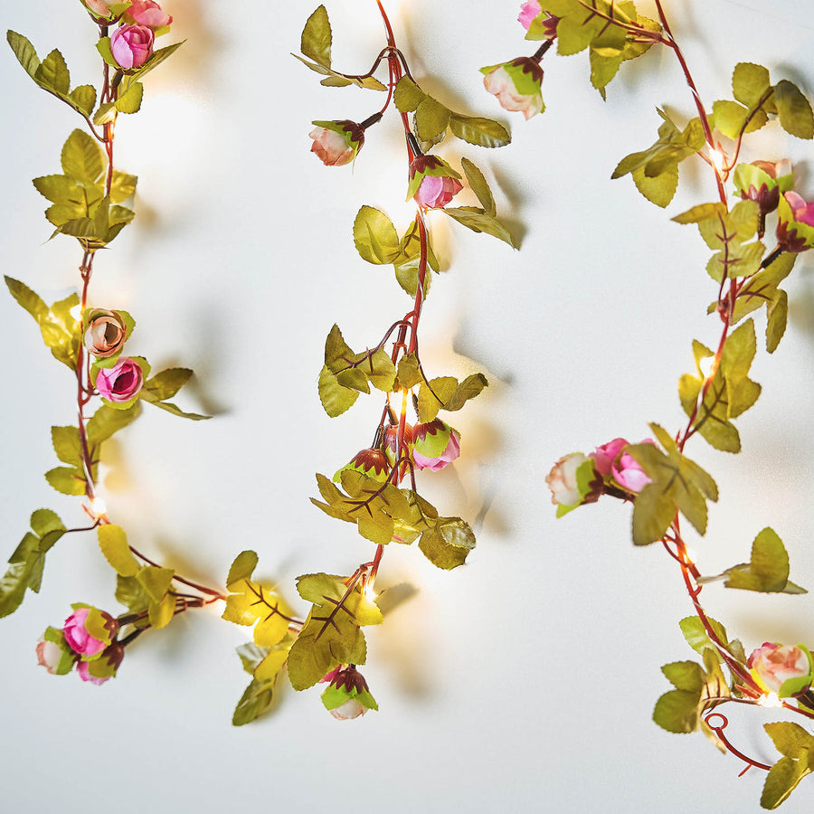 9 Feet 20 LED Rose Flower Garland Vine Warm White Artificial Battery Operated String Lights