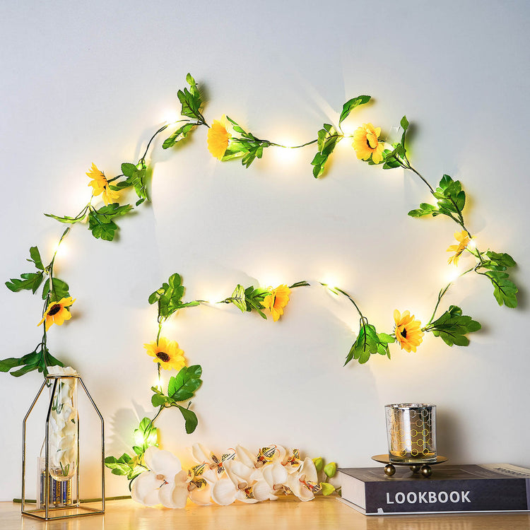 8 Feet 20 LED Sunflower Garland Vine Warm White Artificial Battery Operated String Lights