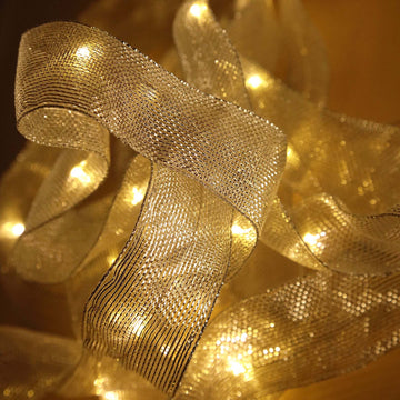10ft Warm White 30 LED Flat Mesh Ribbon String Lights, 1.5" Wide Silver Ribbon Fairy Lights