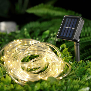 33ft Warm White 100 LED Solar Powered Waterproof Outdoor Rope Light with 8 Modes