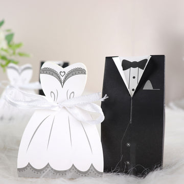 50 Pc Set | Wedding Dress and Tuxedo Shower Party Favor Candy Gift Boxes with Ribbon Ties