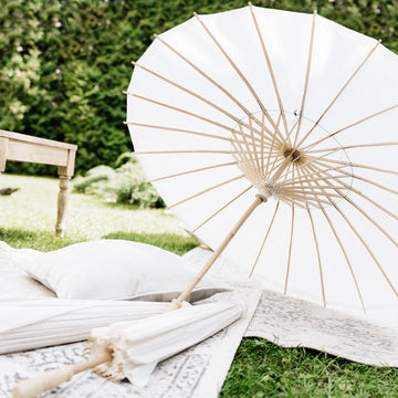 2 Pack White Parasol Paper/Bamboo Umbrellas Wedding Party Favors, Table Decorations, Centerpieces, Bridal Shower Supplies, Photo Props 32"