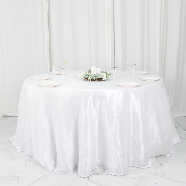 White Seamless Accordion Crinkle Taffeta Round Tablecloth 132 Inch