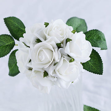 24 Roses White Artificial Foam Flowers With Stem Wire and Leaves 2"