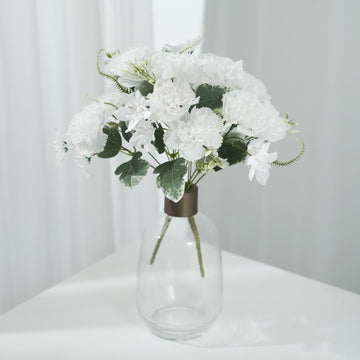 3 Pack | 14" White Artificial Silk Carnation Flower Bouquets, Faux Floral Arrangement Bushes