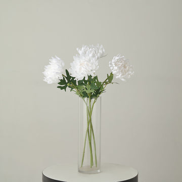 3 Stems White Artificial Silk Chrysanthemum Bouquet Flowers, Large Faux Mum Branches 27"