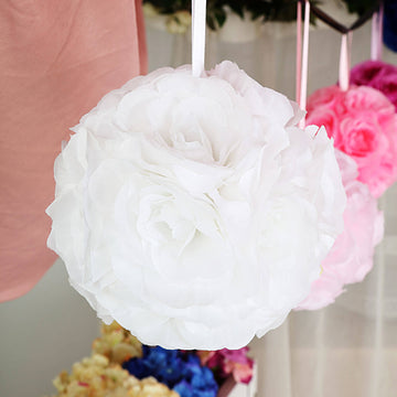 2 Pack | 7" White Artificial Silk Rose Kissing Ball, Faux Flower Ball