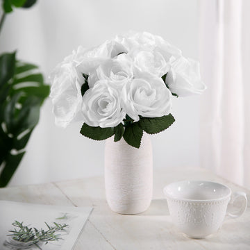 12" White Artificial Velvet-Like Fabric Rose Flower Bouquet Bush