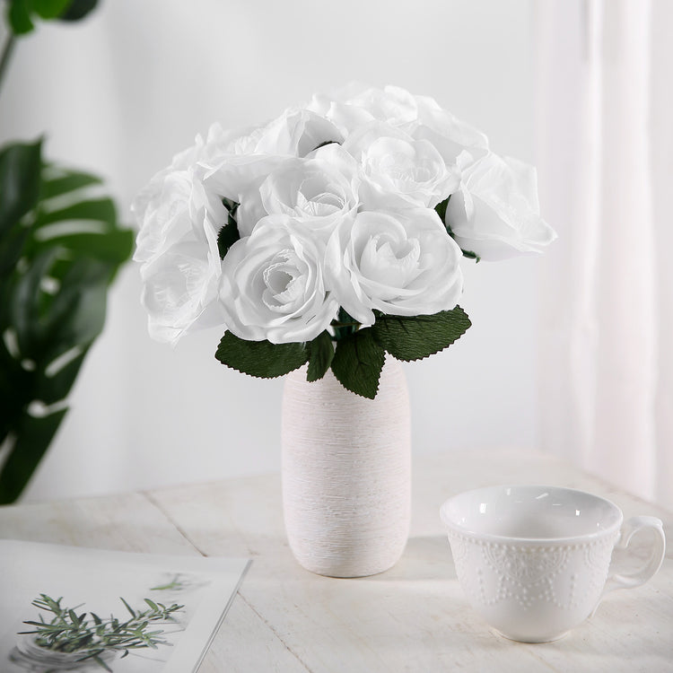 12 Inch White Artificial Velvet Like Fabric Rose Flower Bouquet Bush