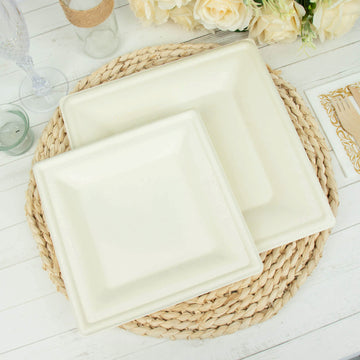 50 Pack | 8" White Biodegradable Bagasse Square Dessert Plates, Eco Friendly Disposable Sugarcane Appetizer/Salad Plates