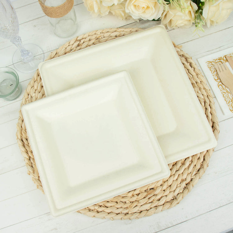 8 Inch White Square Dessert Plates Biodegradable Bagasse Material