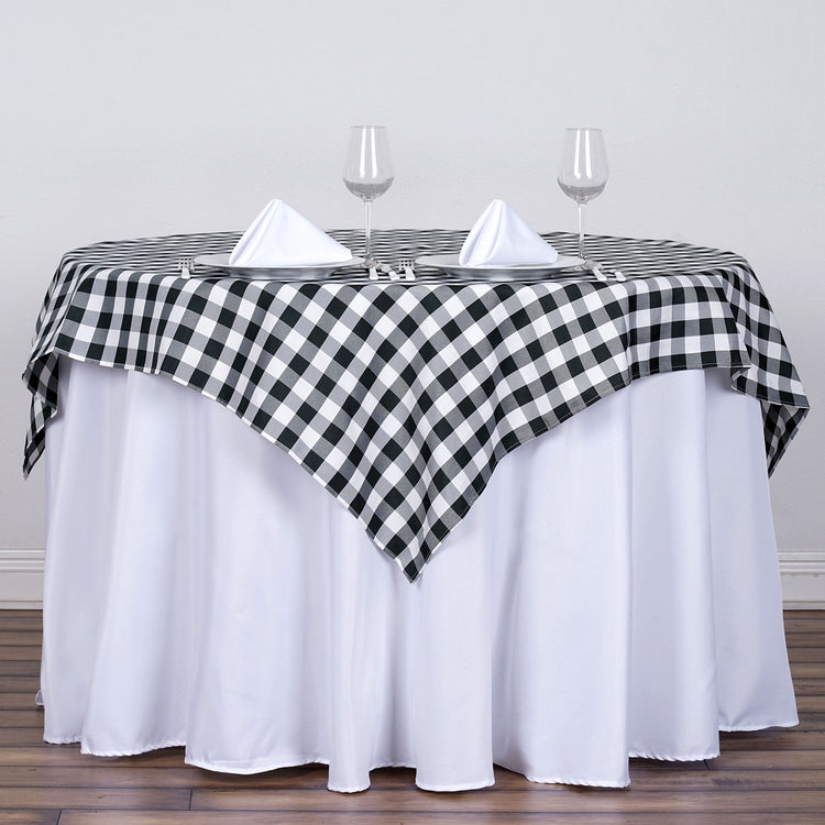 54 Inch Square Table Overlay In White/Black Checkered Gingham Buffalo Plaid Polyester 