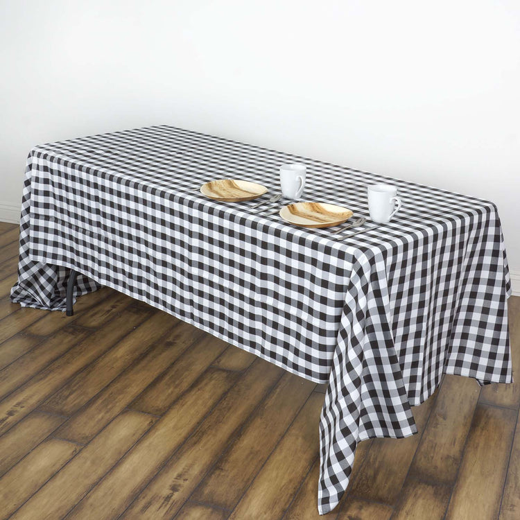 60 Inch x 102 Inch Rectangular White & Black Checkered Tablecloth In Polyester Linen Buffalo Plaid