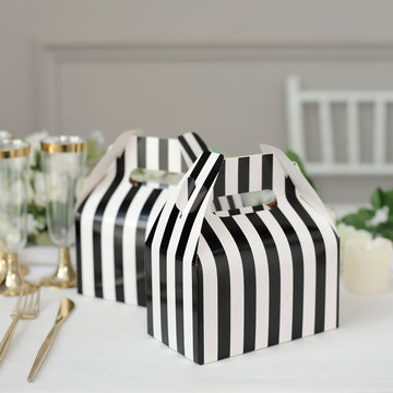 25 Pack White / Black Striped Party Favor Gift Tote Gable Box Bags, Candy Treat Boxes 6"x3.5"x7"