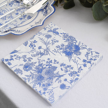 20 Pack White Blue Chinoiserie Floral Print Soft 2-Ply Paper Napkins, Highly Absorbent Disposable Cocktail Beverage Napkins