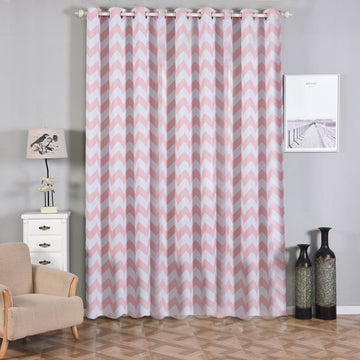 2 Pack White Blush Chevron Design Thermal Blackout Curtains With Chrome Grommet Window Treatment Panels 52"x108"