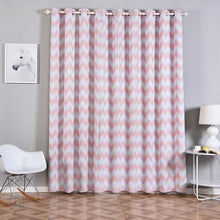 Chevron Print Thermal Blackout Curtain Grommet Panels In White & Blush Noise Cancelling 52 Inch x 96 Inch 