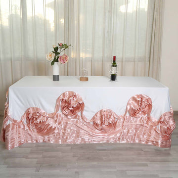 90"x156" White Blush Seamless Large Rosette Rectangular Lamour Satin Tablecloth