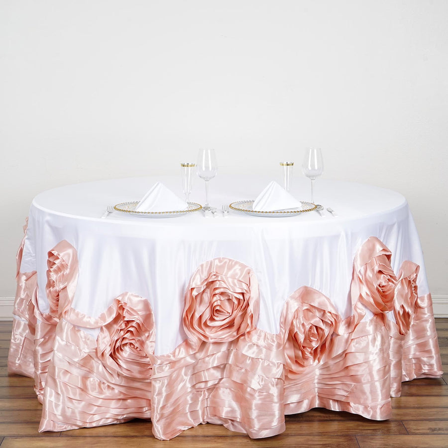 120 Inch White & Blush Large Rosette Round Lamour Satin Tablecloth