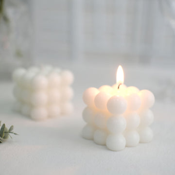 2 Pack | 2" White Bubble Cube Decorative Paraffin Wax Candle Set, Unscented Long Burning Pillar Candle Gift