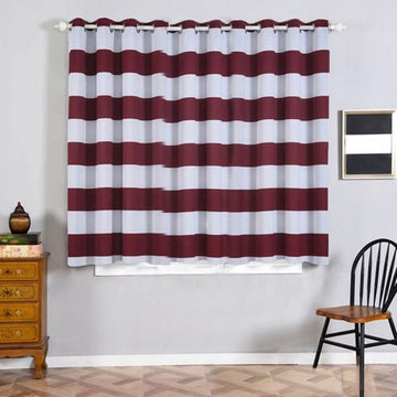 2 Pack | White/Burgundy Cabana Stripe Thermal Blackout Curtains With Chrome Grommet Window Treatment Panels - 52"x64"