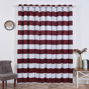 2 Pack | White/Burgundy Cabana Stripe Thermal Blackout Window Curtain Grommet Panels, Noise Cancelling Curtains - 52"x96"