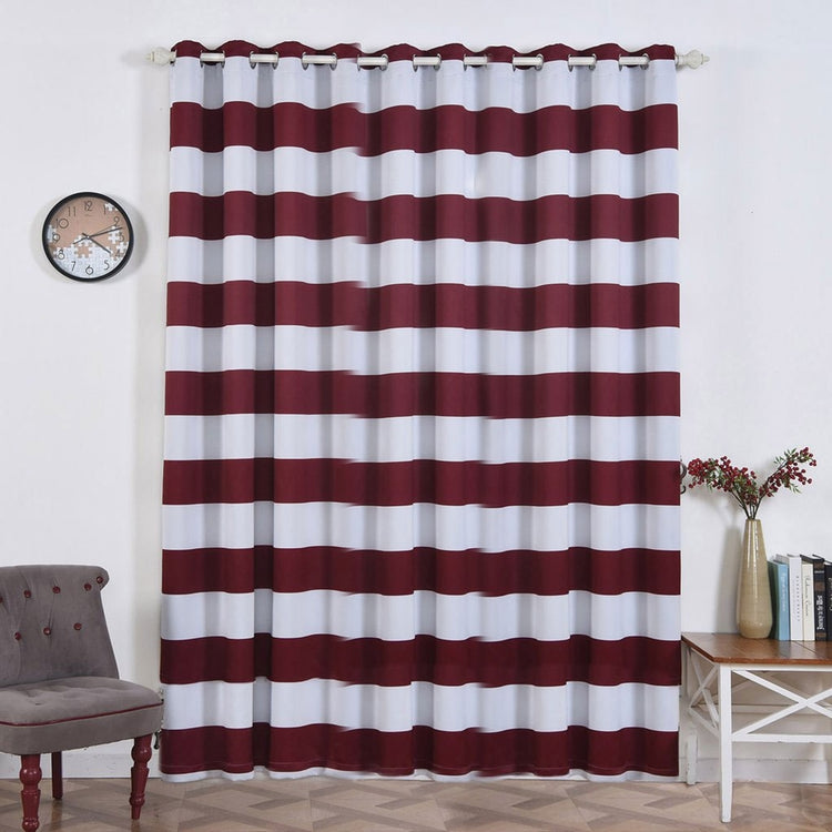 Thermal Blackout White & Burgundy Cabana Stripe Curtain Grommet Panels 52 Inch x 96 Inch Noise Cancelling